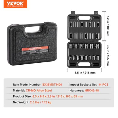 VEVOR 3/8" Drive Impact Socket Set, 14 Piece Shallow Socket Set Metric 7-20mm, 6 Point Cr-Mo Alloy Steel for Auto Repair, Easy-to-Read Size Markings, Rugged Construction, Includes Storage Case - style: 3/8" 14PCS CR-MO