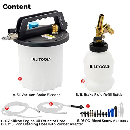 BILITOOLS 3L Vacuum Brake Bleeder Kit One Person, Brake Fluid Bleeding Tool | Universal Pneumatic Brake System Clutch Fluid Extractor Kit Air Compressor with 1L Refilling Bottle, Clean & Efficient