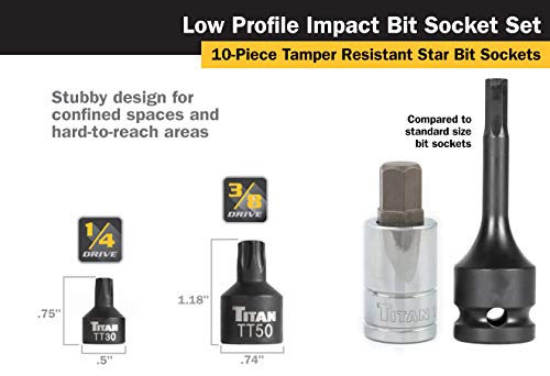 Titan 16143 10-Piece Low Profile Tamper-Resistant Impact Star Bit Socket Set - size: Low Profile Tamper-Resistant Star Impact