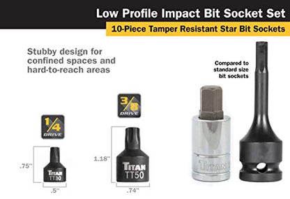 Titan 16143 10-Piece Low Profile Tamper-Resistant Impact Star Bit Socket Set - size: Low Profile Tamper-Resistant Star Impact