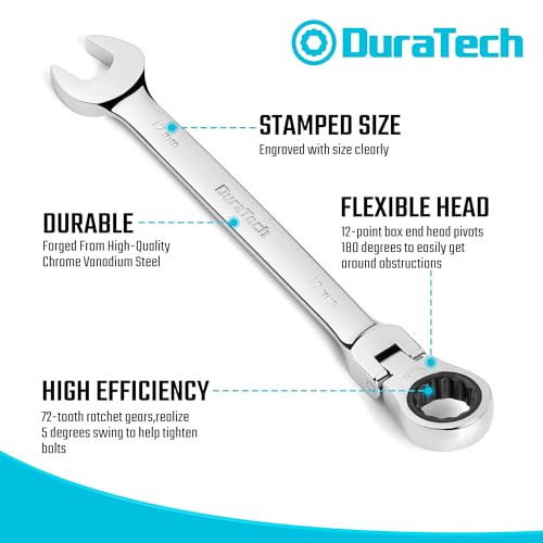 DURATECH 9-Piece Flex-Head Ratcheting Wrench Set, Metric | Combination Wrench, 72 Tooth, 8mm, 10mm, 11mm, 12mm, 13mm, 14mm, 15mm, 16mm, 17mm, CR-V Steel, Rolling Pouch Included - color: Silver, size: 8-17mm
