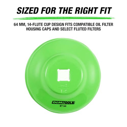 OEMTOOLS 87140 64mm 14 Flute Oil Filter Wrench, Green, 3/8 in Drive, Prevents Slippage, Wide Compatibility | 64mm 14 Flute Oil Filter Wrench Set, Fits 3/8" Ratchet, Non-Slip Grip, Rust-Resistant - style: 64 mm 14 Flute
