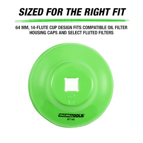 OEMTOOLS 87140 64mm 14 Flute Oil Filter Wrench, Green, 3/8 in Drive, Prevents Slippage, Wide Compatibility | 64mm 14 Flute Oil Filter Wrench Set, Fits 3/8" Ratchet, Non-Slip Grip, Rust-Resistant - style: 64 mm 14 Flute