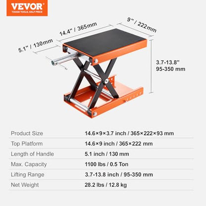 VEVOR Motorcycle Lift, 1100 LBS Motorcycle Scissor Lift Jack with Wide Deck & Safety Pin, 3.7"-13.8" Center Hoist Crank Stand, Steel Scissor Jack for Street Bikes, Cruiser Bikes, Touring Motorcycles | Steel Scissor Jack with Lock Pin, 3.7"-13.8" Center Ho