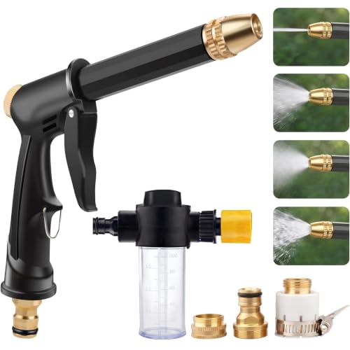 High Pressure Hose Nozzle with 4 Spray Modes, Adjustable Water Spray Gun, Metal Garden Hose Sprayer for Car Wash, Plant Watering, Patio & Outdoor Cleaning (Sprayer Kit with 3 Connectors & Foam Cannon) - color: Short Type