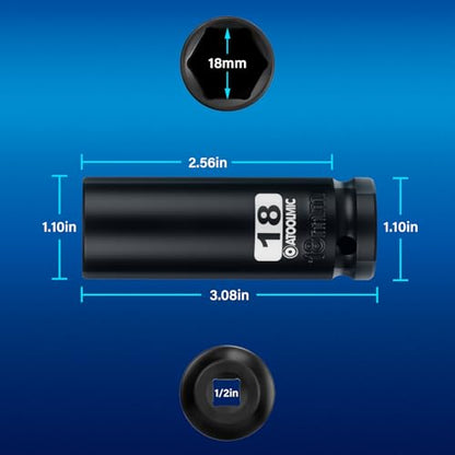 1/2 Inch Drive x 18mm Deep 6PT CR-MO Impact Socket for Removing Axle nut | Metric Socket,6-Point Radius Corner Design,Two Size Markings,Square Chamfered Opening,For Removal of Axle Nut - size: 18mm, style: 1/2" Drive Deep Socket
