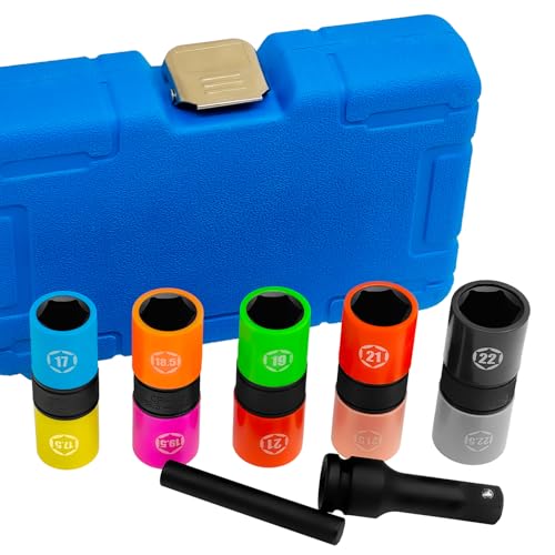 7PCS 10 Size 1/2" Drive Lug Nut Socket Set, Wheel Impact Flip Hex | Metric, Half Size, Non-Marring Flip Socket, Thin Wall Wheel Protector Impact Deep Socket Removal Tool, Knockout Bar, CR-MO - size: 7Pcs (blue)