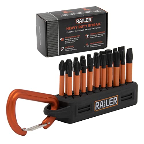 Railer 20pc Impact Driver Bit Set - Premium S2 Steel Screwdriver Bits with Torx, Hex, Phillips, Square & Slotted - Heavy Duty 1/4" Hex Shank Bits with Crushproof Storage Bit Holder & Carabiner Clip - color: Black Bitrail