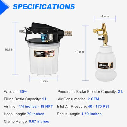 GOOACC Brake Bleeder Kit 2L Pneumatic Brake Bleeder Vacuum Pump Fluid Extractor with 1L Refilling Bottle & Adapters Brake System Bleeding Tools Brake Pressure Fluid Flush Kit for Automotive Bleeding - size: 2L Pneumatic