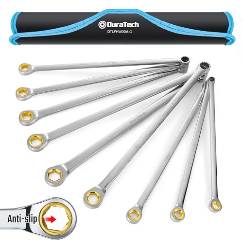 DURATECH Extra Long Anti-Slip Ratcheting Wrench Set, Double Box End Wrench Set, 9-Piece, Metric, 10, 12, 13, 14, 15, 16, 17, 18, 19mm, CR-V Steel, with Rolling Pouch - size: 10-19mm