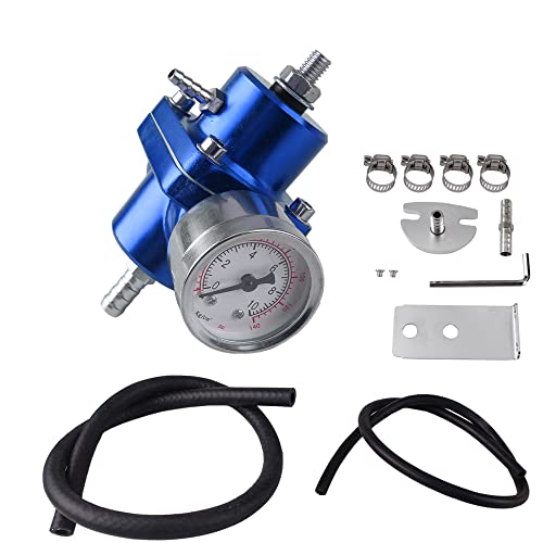 BARTOO Universal Adjustable Fuel Pressure Regulator Kit, Aluminum Fuel Regulator,Adjustable Gas Oil Injection Pressure Regulator with 0-140 PSI Gauge -Blue - color: Blue