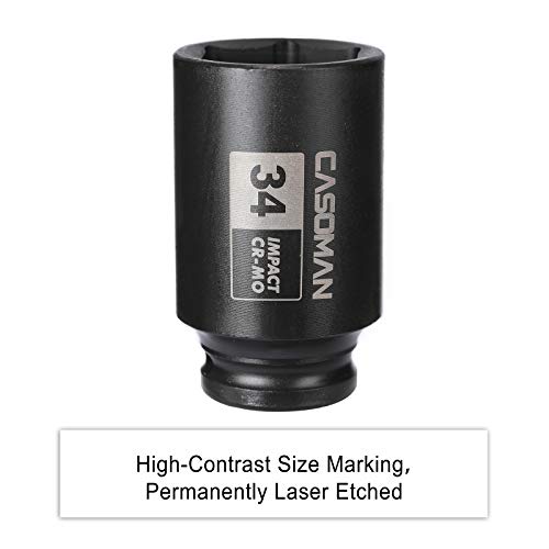 CASOMAN 1/2" Drive x 34 mm Deep 6 PT Impact Socket, CR-MO, 1/2-inch Drive 6 Point Axle Nut Socket for Easy Removal of Axle Shaft Nuts (34MM) - size: 34 mm (Deep), style: 6-Point Socket