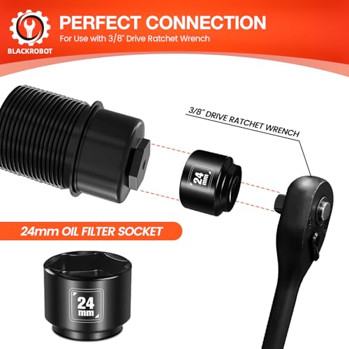 BLACKROBOT 24mm Low Profile Oil Filter Socket, 3/8" Drive 6-Point Oil Filter Cap Remover and Installer Tool, Chrome Vanadium Steel - size: 24mm