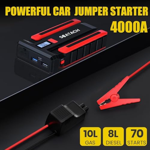 Scatach 4000A Car Battery Jump Starter, 12V Jump Starter Battery Pack (up to 10.0L Gasoline and 8.0L Diesel Engine), Portable Jump Box with Jumper Cable, LED Display, LED Light - color: red