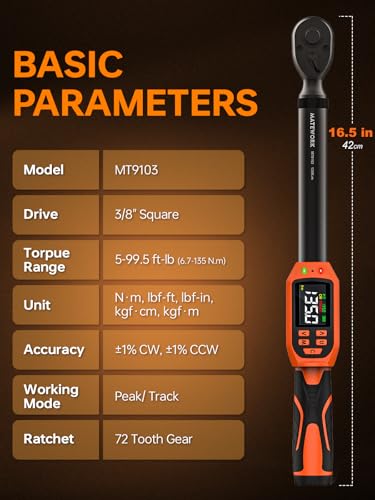 Matework Digital Torque Wrench 3/8" Drive, (5-99.5 Ft.Lb/6.7-135Nm), ±1% Accuracy Electric Torque Wrench Digital with 2 Extension Bars, Buzzer and LED Flash Alert, for Bike/Moto/Auto Repair - size: 3/8-Inch (5-99.5 ft·lb)