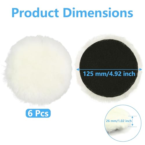 6 Pcs Polishing Pads 5 Inch Soft Wool Polishing Buffing Pad 125mm Polish Pads for Drill and DA Dual Action Polisher for Car Furniture Polisher Sanding Waxing