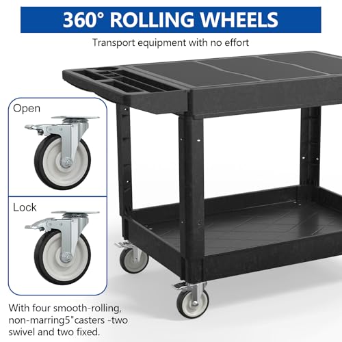 Large Garage Flat Top Utility Cart, Heavy Duty 2 Shelf Tool Cart Service Cart Rolling Push Carts with Ergonomic Handle 5" Swivel Casters - color: Black, size: 46 x 25 Inch