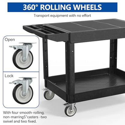 Large Garage Flat Top Utility Cart, Heavy Duty 2 Shelf Tool Cart Service Cart Rolling Push Carts with Ergonomic Handle 5" Swivel Casters - color: Black, size: 46 x 25 Inch