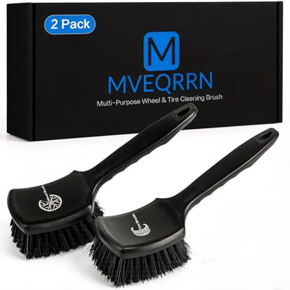 MVEQRRN 2-Pack Car Wheel & Tire Brush Set, Soft & Stiff Bristles (Black) | Rubber handle, Wheel Cleaner Brush, deep clean rims, wheel brushes for cleaning wheels, for fenders, carpets, car wash kit - color: black