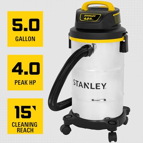 STANLEY Wet Dry Vacuum 5 Gallon with 4 HP Powerful Motor Suction,Stainless Steel Shop Vacuum Portable Wet Dry Vac for Jobsite, Workshop, Garage, Basement SL18130 - size: 5 Gallon(SL18130)