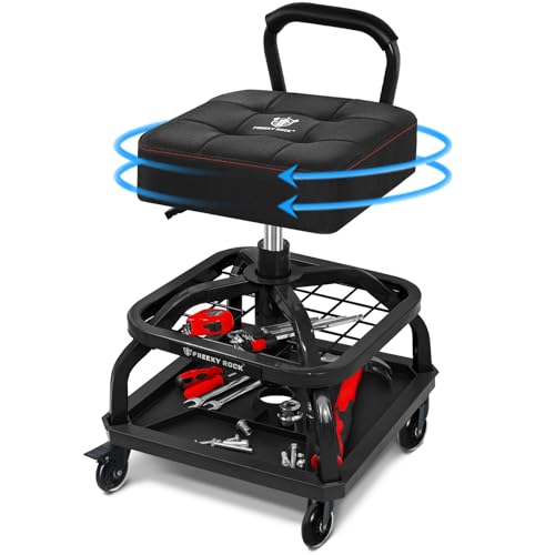 Rolling Shop Stool with Wheels, Garage Mechanic Shop Chair with Handle Backrest, Adjustable Height Work Stool, Roller Seat with Tool Tray Storage, Heavy Duty, 330 LBS Capacity, Black - color: D10-Black