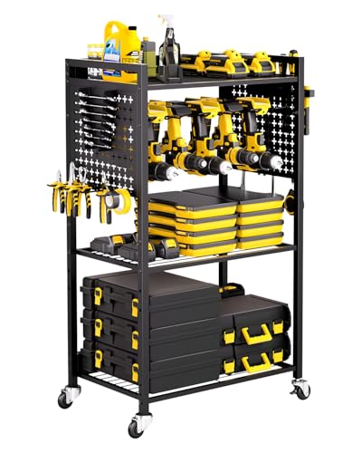 VEVOR 4-Tier Tool Organizer Cart, 150 lbs Load Capacity, Floor Stand Rolling Drill Holder and Stability Storage Rack, Heavy Duty Garage Floor Rolling Storage Cart for Workshop, Garage, Black - style: 4-Tier