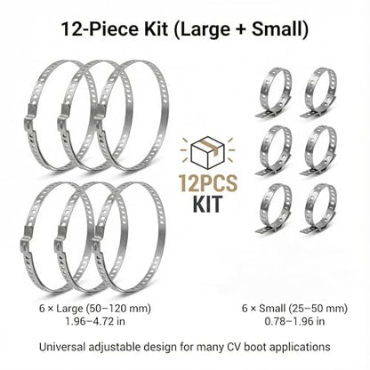 Universal Adjustable Stainless Steel CV Boot Clamp Kit - 12PCS (6 Large 50-120mm & 6 Medium 25-50mm) Heavy Duty Drive Shaft Clamps