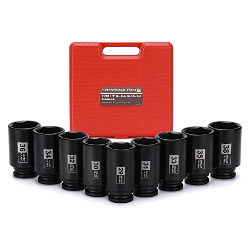 Mayouko 9PCS 1/2 Inch Drive Deep Impact Socket Set, 29-38MM, Spindle Axle Nut Sockets, Metric, Deep, 6-Point, CR-MO - size: 1.142" - 1.496" (9 Pieces)