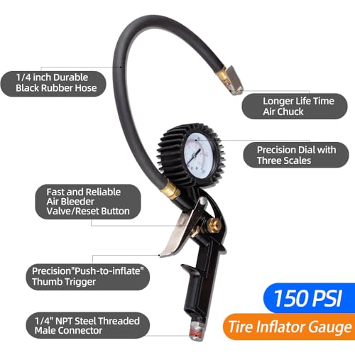 RayMagic 18 Pieces Air Compressor Accessories kit, 1/4 inch x 25 ft Recoil Poly Air Compressor Hose Kit, 1/4" NPT Quick Connect Air Fittings, 150 PSI Tire Inflator Gauge, Heavy Duty Blow Gun, Gray