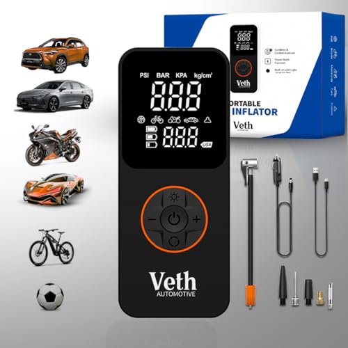 VT05 Portable Tire Inflator, 150 PSI Cordless Air Pump | 2500mAh, Triple Battery, Auto Shut-Off, LED Display, USB-C Out, for Car Motorcycle Bike Balls, Inflates in 1 Min