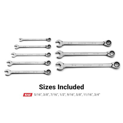 Capri Tools 120-Tooth Ultra-Smooth Reversible Ratcheting Wrenches Set, XL Long Series, 12-Point, 5/16 to 3/4 in., SAE, 8-Piece with Mechanic's Tray - size: 8-Piece SAE Set