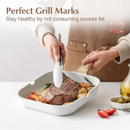 SENSARTE Nonstick Ceramic Grill Pan with Lid, Versatile Square Grilling Pan with Pour Spouts, Durable Grill Skillet for All Stoves(Gas,Electric,Induction) Non Toxic-PTFE,PFAS,PFOA Free, 9.5 Inch - color: White Ceramic, size: 9.5 Inch+Lid