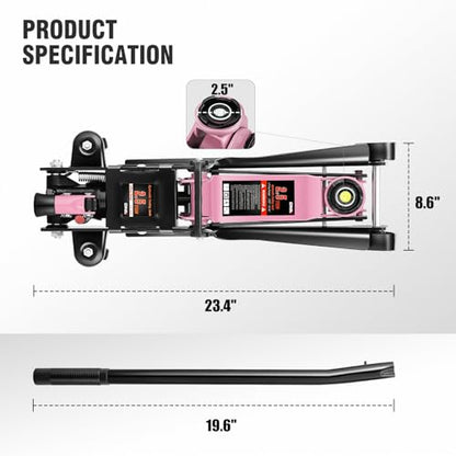 DNA Motoring Low Profile Hydraulic Trolley Service/Floor Jack, 2.5 Ton (5500 lbs) Capacity, Lifting Range 3.35"-15.16",Pink, TOOLS-00676-PK - color: Pink, style: 2.5 ton
