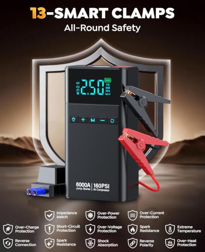 Car Battery Jump Starter with Air Compressor 6000A 160PSI, Car Jumper Starter Portable (All Gas/12L Diesel), 12V Jump Box Car Battery with Auto-Shutoff Tire Inflator, Jumper Cables and Light - color: Glossy Black