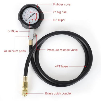 Oil Pressure Tester Kit, Pressure Gauge Kit, 0-140 PSI, Fuel System, Mechanical Engine Sensor, Compression Test, for Car ATV Truck