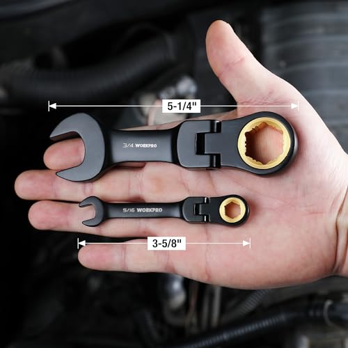 WORKPRO 8-Piece Stubby Anti-slip Ratcheting Combination Wrench Set, SAE 5/16-3/4 in, 72-Teeth, CRV, Black Electrophoretic Coating, Flex-Head Wrench Set with Rolling Pouch - size: SAE, style: Black electroplating coating