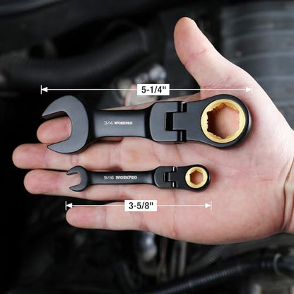 WORKPRO 8-Piece Stubby Flex-Head Ratcheting Wrench Set, SAE 5/16-3/4 in | Anti-slip, 72-Teeth, CRV, Black Electrophoretic Coating, for Mechanics, DIYers and Home Repairs, Includes Rolling Pouch - size: SAE, style: Black electroplating coating