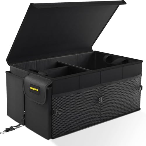 MIKKUPPA Car Trunk Organizer - 75L Collapsible Trunk Organizer with Lid, Sturdy Car Storage for SUV Auto Truck Van with Adjustable Straps and Non Slip Bottom (Black) - color: Black, size: X-Large - With Lid