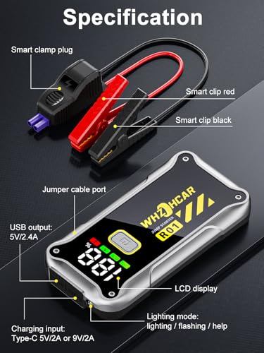 Car Jump Starter,12V 4000A Car Battery Jump Starter (9.0 Gas/7.5L Diesel) Fast Charging Portable Battery Pack with LCD Display Extended Jumper Cables LED Light - color: Black
