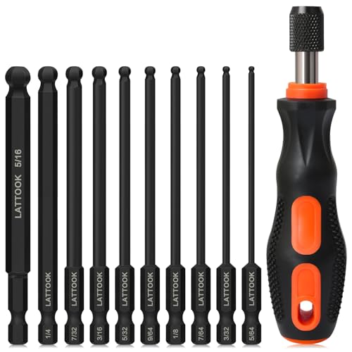 Ball End Hex Bit Set with Quick Release Bit Driver | LATTOOK 10PCS SAE Ball End Hex Head Allen Wrench Drill Bit Set, Allen Key Drill Bit Set, Magnetic S2 Steel, 4'' Long - style: 10PCS Ball Hex Bits+Bit Driver