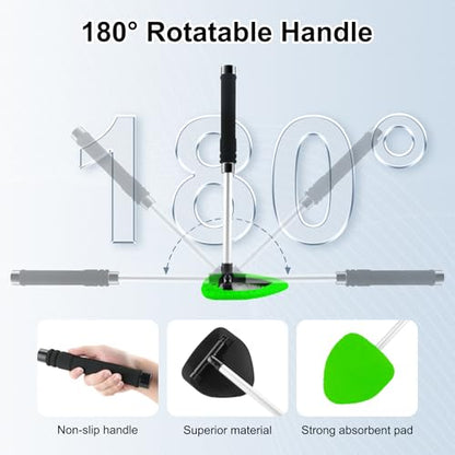 JUSTTOP Windshield Cleaner Tool, Car Interior and Exterior Window Cleaning Kit with Extendable Handle & 4 Reusable Microfiber Pads, Auto Glass Wiper Brush Kit for Car & Home Windows (Green) - color: Green