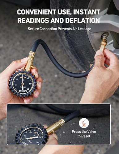 AstroAI Tire Pressure Gauge for Cars with Large 2" Dial, Solid Brass with Rubber Hose, Air Bleeder Valve, ANSI B40.1, 0-60PSI - size: 0-60PSI