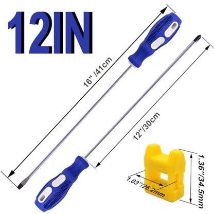 smseace 2-Pack 12-Inch Slotted & Phillips Screwdriver Set, Long Flat Blade & Cross-Head Design, Magnetic Extended Screwdriver With Rubber Handle