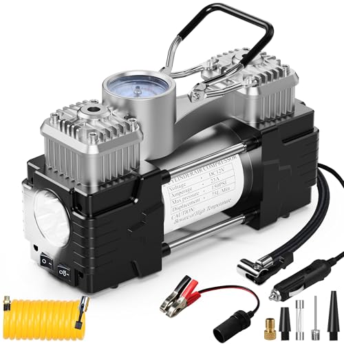 Dual Cylinder Tire Inflator Portable Air Compressor 12 Volt Car Air Pump Car Accessories 150 PSI LED Light, Heavy Duty Off Road for Truck, SUV, Car, RV(SILIVER) - color: Siliver