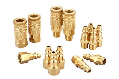 Coupler and Plug Kit, 1/4 Inch NPT, Solid Brass | 14 Piece, Industrial Type D, Quick Connect Air Fittings Set - size: 1/4 inch NPT Coupler and Plug Kit, 14 Piece