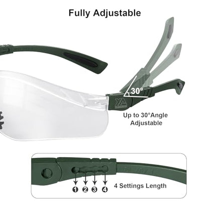 xaegistac Shooting Glasses Anti Fog -Shooting Range Eye Protection | Adjustable Safety Glasses with Z87.1 Certificated Impact Reistance - color: Army Green Frame Clear Lens