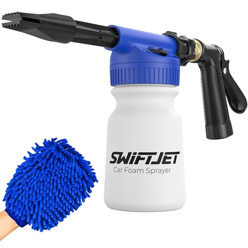SwiftJet Car Wash Foam Gun + Microfiber Wash Mitt - Foam Cannon Works with Any Soap - Garden Hose Car Foam Sprayer - Car Wash Kit - Car Accessories Foam Blaster (Blue Foam Gun with Mitt) - color: Blue Foam Gun with Mitt