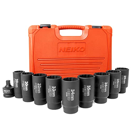 NEIKO 02531A 10 Piece 12 Point Socket Set 1/2” Drive, Lug Nut Remover, Spindle Nut Socket, Axle Nut Socket Set, Metric 29-39mm Socket 1/2 Drive Impact Set, Cr-Mo Impact Adapter, 3/4" -1/2” Reducer - size: 10 Piece Set