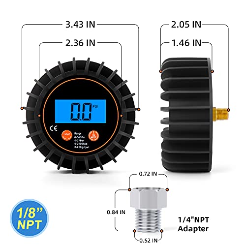 MEANLIN MEASURE 0-300psi Pressure Gauge with 1/8'' NPT Back Connector and Rubber Protector,LED Digital Display,Accuracy 1% .F.S. - size: 0 - 300 PSI, style: Back Mount