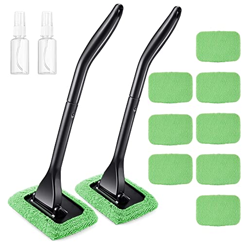 Frienda 2 Set Windshield Cleaner Tool Inside Car Windshield Cleaning Wand Auto Window Cleaner with Detachable Handle, 8 Reusable Microfiber Pads and 2 Spray Bottles for Car Interior(Green) - color: Green